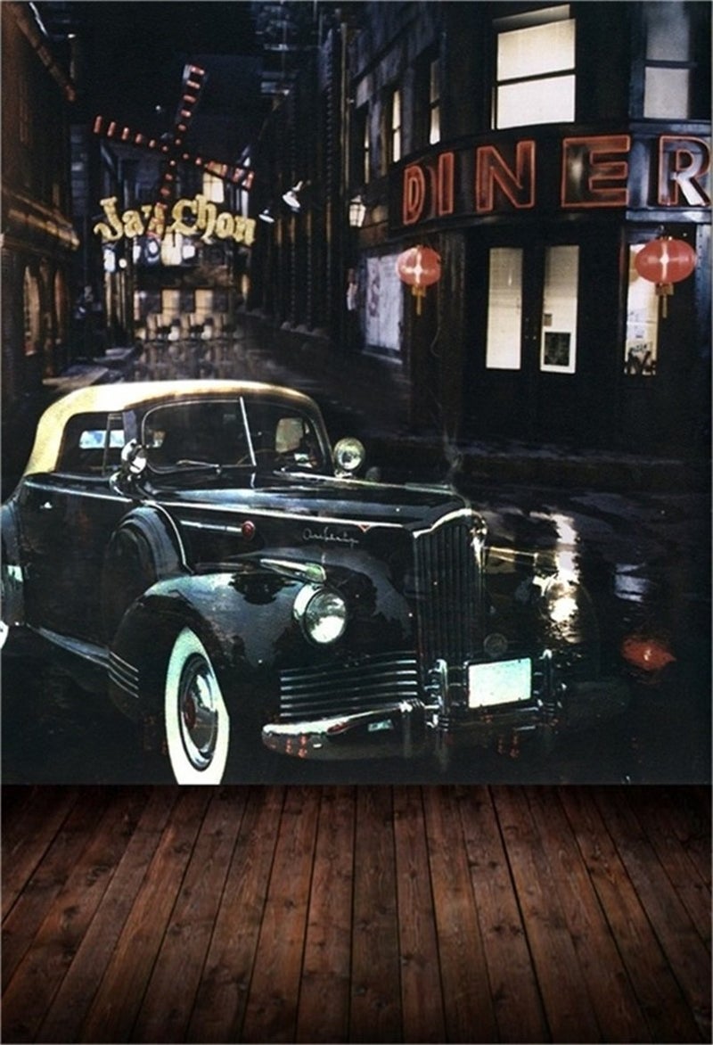 AOFOTO 6x8ft Artistic Background Photography Backdrops Vintage Car Street Buildings Wooden Floors Boys Child Adult Portrait Scene City Studio Props Video Girl Photo Shoot - Image 1